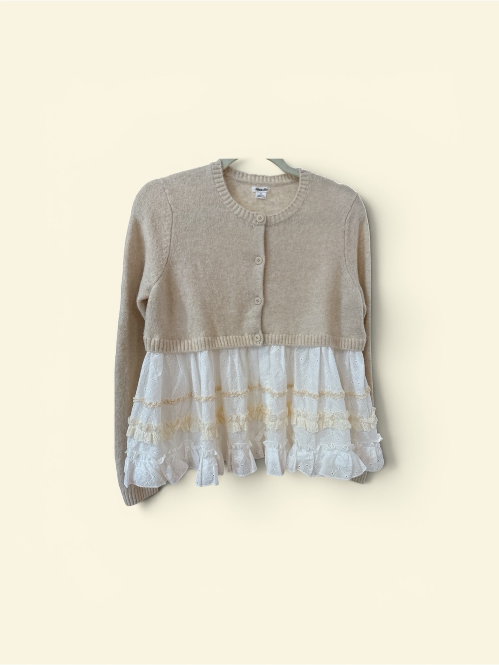 Beige Knit Cardigan with White Lace Peplum